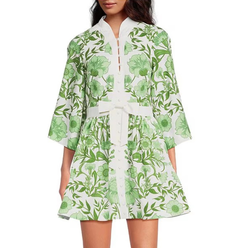 Mestiza New York Carmen Green Floral Print Mandarin Collar 3/4 Sleeve Mini Dress